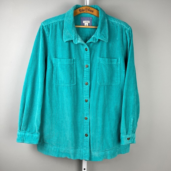 L.L. Bean Womens Comfort Corduroy Shirt 2X Shacket Button Up Turquoise Cotton - Picture 2 of 8